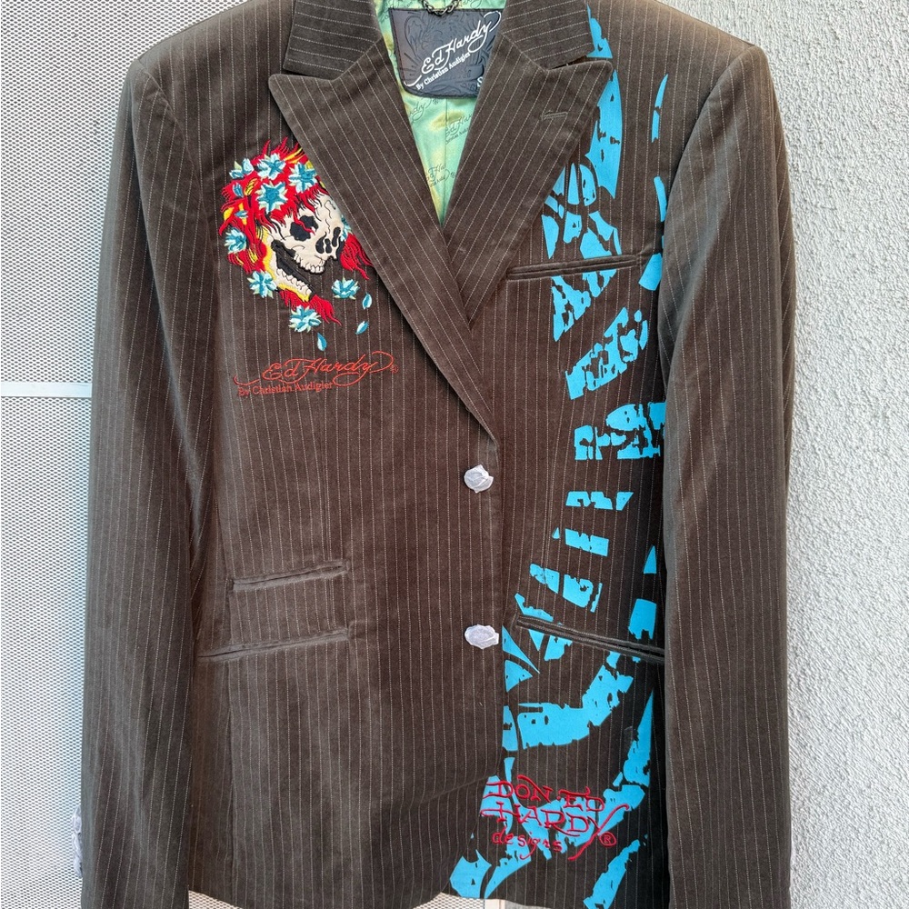 Ed Hardy Brown Pinstripe Blazer with Skull and Floral Design